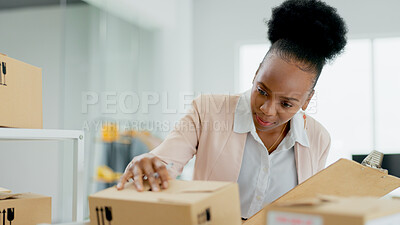 Buy stock photo Startup, boxes and black woman with a clipboard, inventory and check packages with delivery. African person, business owner and entrepreneur with documents, stock and happiness with success and sales