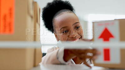 Buy stock photo Happy black woman, box and logistics in small business, inventory inspection or stock at retail store. Face of African female person smile with parcel, package or cargo in delivery or courier service