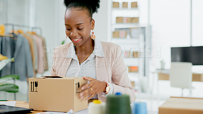 Buy stock photo Happy black woman, box and logistics in supply chain, small business or inventory and stock at retail store. African female person smile with parcel, package or cargo for delivery or courier service