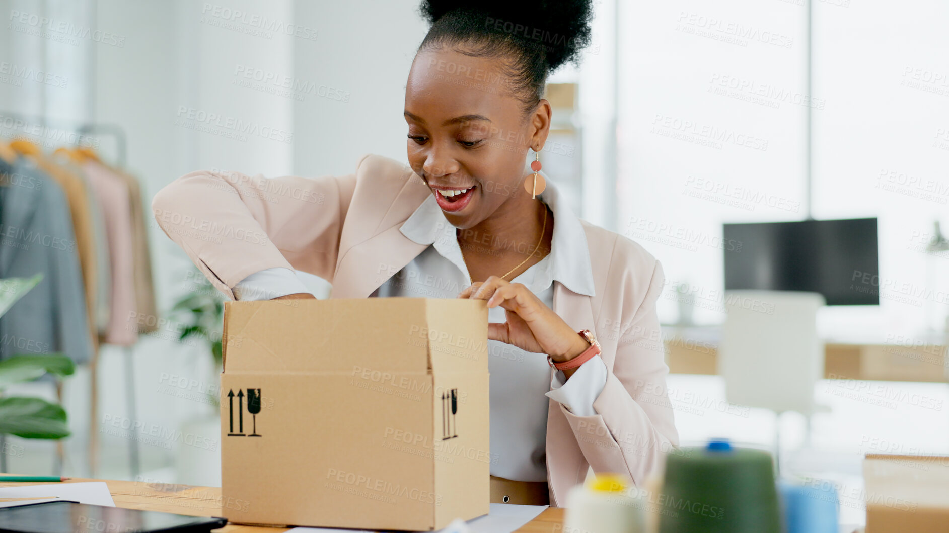 Buy stock photo Happy black woman, box and fashion designer in supply chain, small business or inventory for boutique store. African female person smile with parcel, package or cargo for delivery or courier service