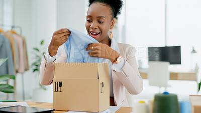 Buy stock photo Happy black woman, fashion designer and box with clothing in small business, logistics or supply chain at boutique store. African female person or entrepreneur smile with parcel, package or cargo