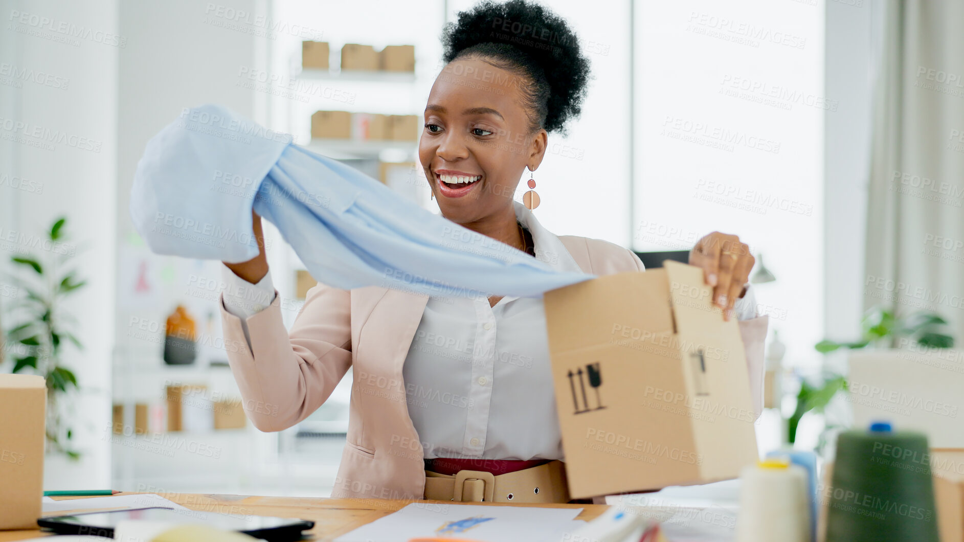 Buy stock photo Happy black woman, fashion designer and box with material in small business, logistics or supply chain at boutique store. African female person or entrepreneur smile with clothing parcel or package