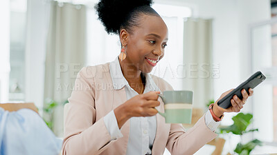 Buy stock photo Business, phone and happy black woman with coffee in office for social media, text or communication. Smartphone, search and female entrepreneur with app for news, reading or chat while drinking tea