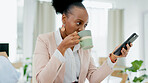 Business, coffee and black woman with phone in office for social media, text or communication. Smartphone, search and African female entrepreneur with app for news, reading or chat while drinking tea