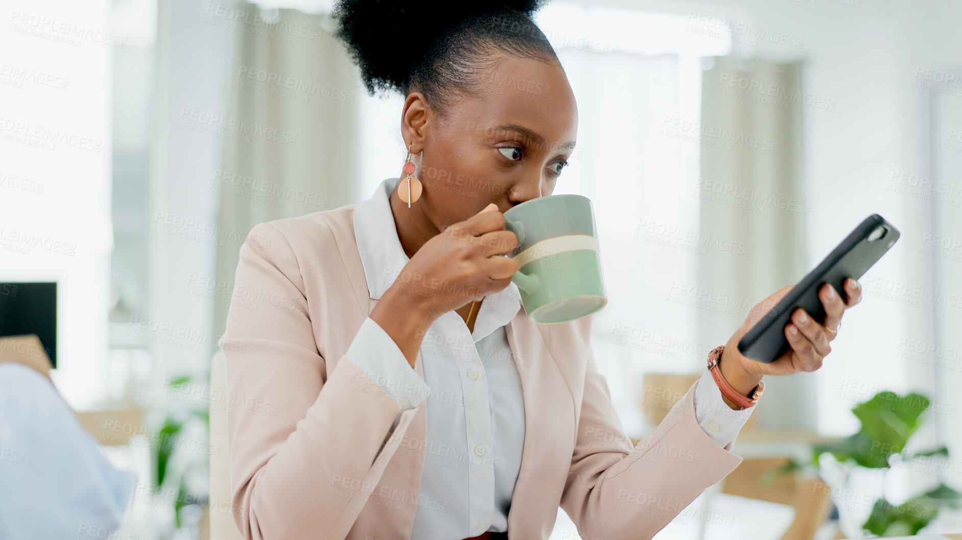 Buy stock photo Business, coffee and black woman with phone in office for social media, text or communication. Smartphone, search and African female entrepreneur with app for news, reading or chat while drinking tea