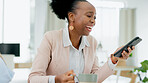 Happy, laugh and black woman with phone in office for social media, text or meme on coffee break. Smartphone, comic or African female entrepreneur with tea online with joke, chat or gif communication