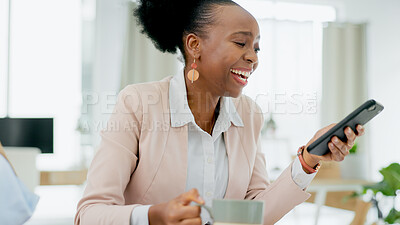 Buy stock photo Happy, laugh and black woman with phone in office for social media, text or meme on coffee break. Smartphone, comic or African female entrepreneur with tea online with joke, chat or gif communication