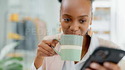 Buy stock photo Business, coffee break and black woman with phone in office for social media, text or communication. Smartphone, search and female entrepreneur with app for news, reading or chat while drinking tea