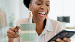 Laugh, happy and black woman with phone in office for social media, text or meme on coffee break. Smartphone, comic or African lady entrepreneur with tea online with funny, chat or gif communication