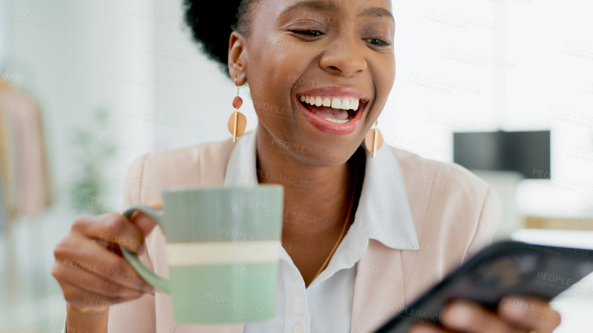 Buy stock photo Laugh, happy and black woman with phone in office for social media, text or meme on coffee break. Smartphone, comic or African lady entrepreneur with tea online with funny, chat or gif communication