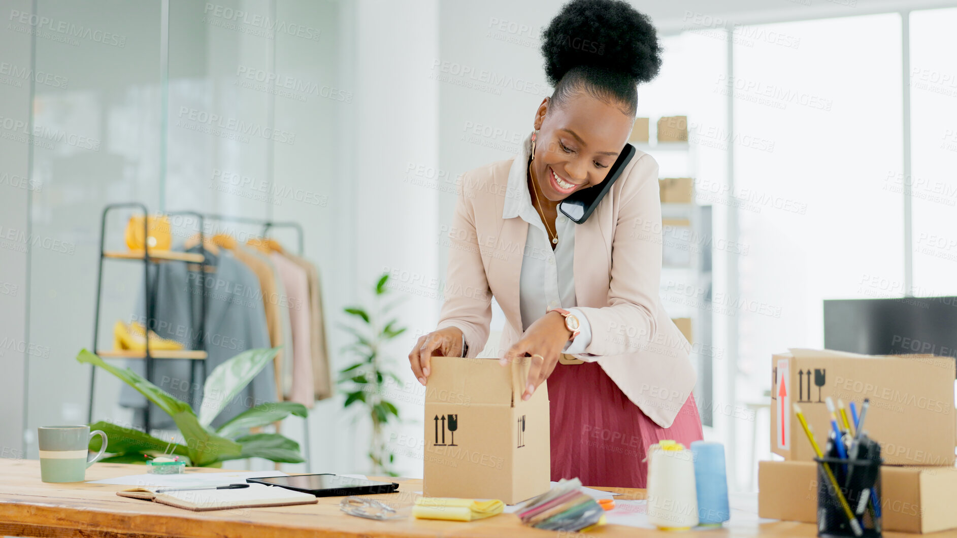 Buy stock photo Box, small business or happy black woman on a phone call for order, supply chain or check inventory. Customer service, contact us or African entrepreneur on mobile communication speaking of delivery