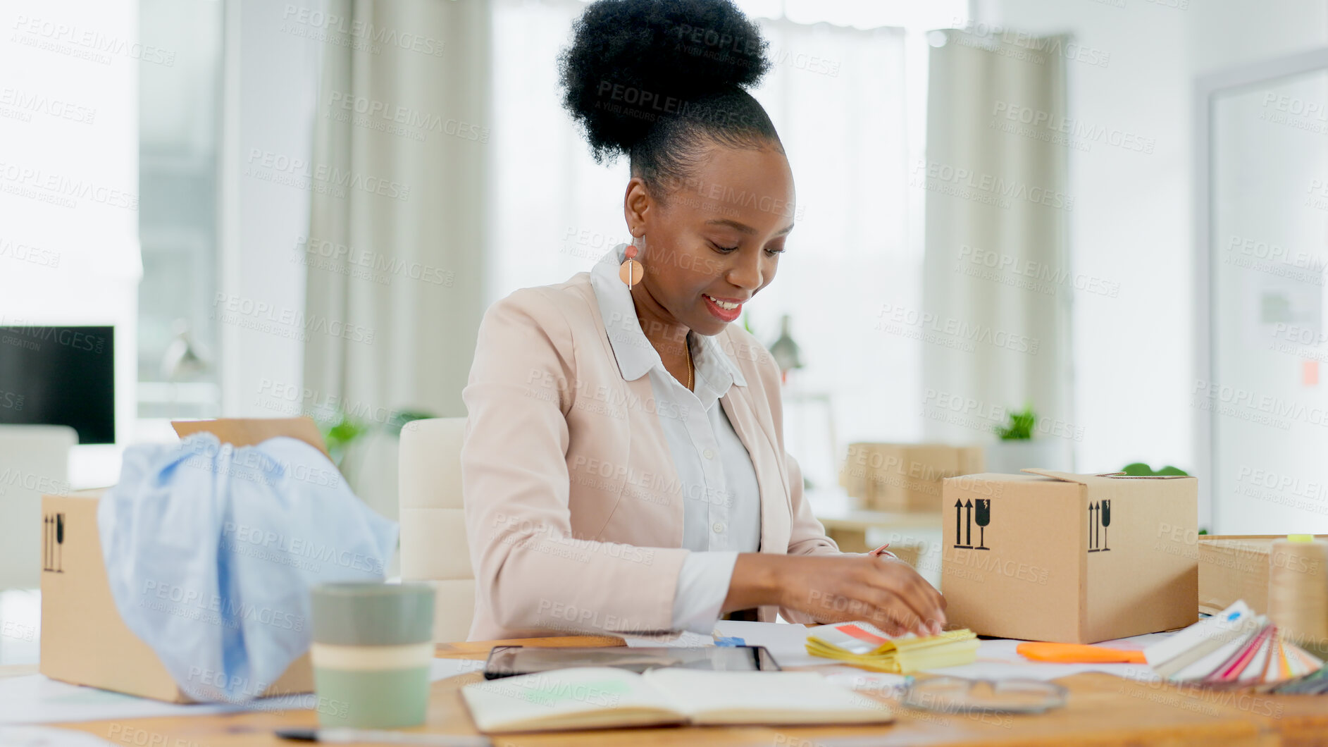 Buy stock photo Happy black woman, fashion designer and box in small business planning or logistics at boutique store. African female person smile for clothing package, parcel or cargo in delivery or courier service