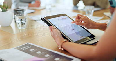 Buy stock photo Business hands, screen and tablet for meeting, project proposal and website launch and software review. Professional person scroll on digital technology of ui or ux design feedback, FAQ or newsletter