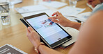 Woman, hands and tablet in research on stock market, marketing or financial analysis on office desk. Closeup of female person or employee on technology for online search, finance strategy or exchange