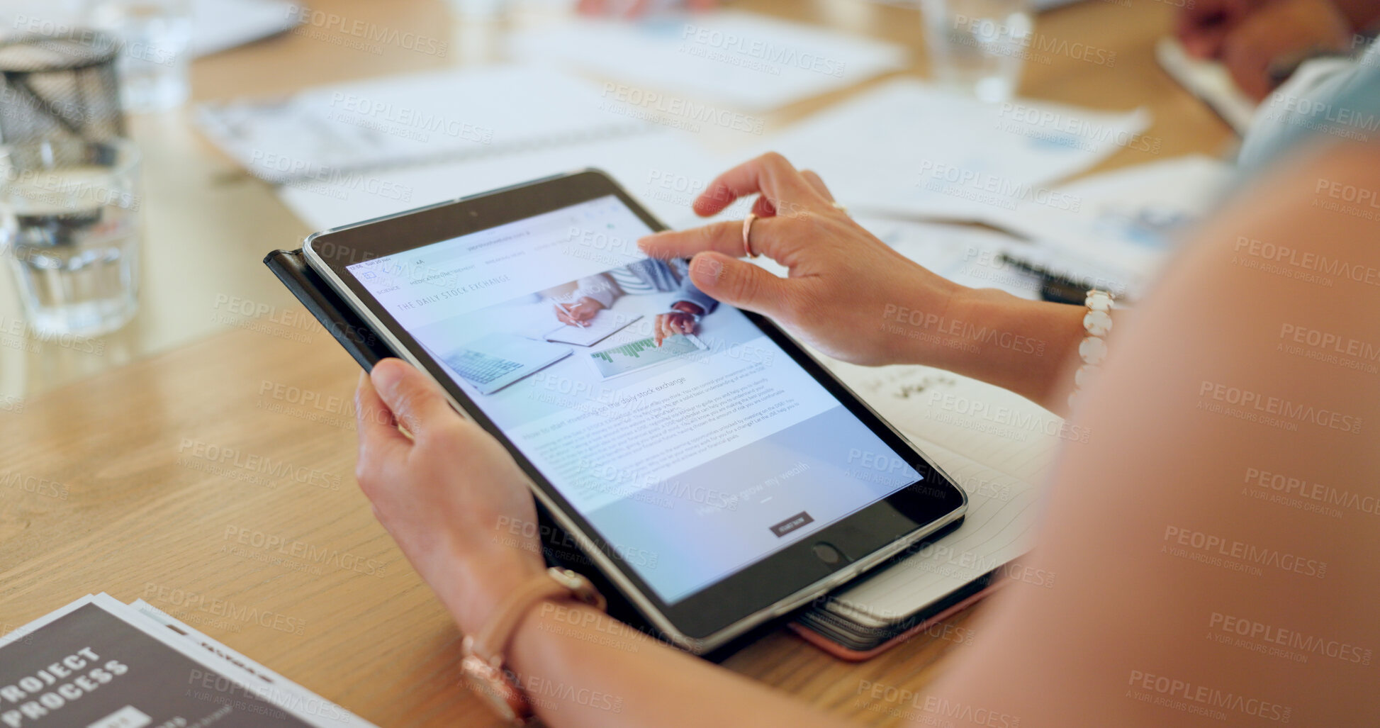 Buy stock photo Woman, hands and tablet in research on stock market, marketing or financial analysis on office desk. Closeup of female person or employee on technology for online search, finance strategy or exchange