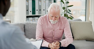 Buy stock photo Psychologist, counselling or old man consulting in therapy for depression or support in consultation. Stress, psychology or sad elderly patient talking to therapist or listening for help or advice