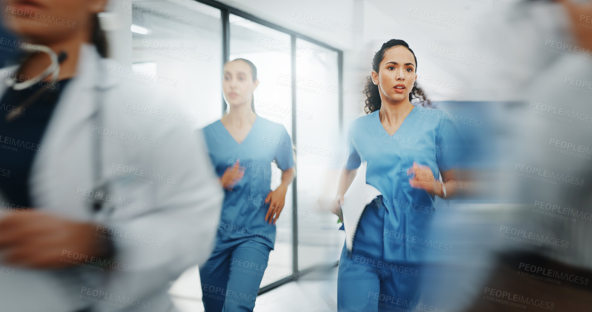 Buy stock photo Doctors, team and running for emergency, hospital er and job with speed, motion blur and healthcare. Women, crisis or  hallway with trauma, ems or medical support with fast run in clinic for helping