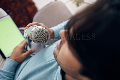 Buy stock photo Man, microphone and green screen or tablet streaming for live audience, influencer or record. Male person, closeup or communication technology or speaker content creator, interview or voice for audio