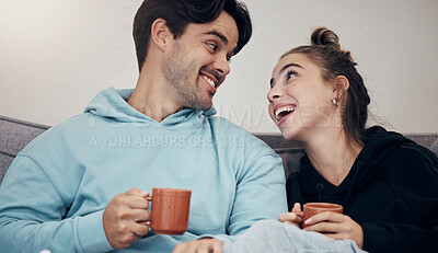 Buy stock photo Couple, coffee and relax with smile, love and trust on sofa in living room of home or apartment with bonding. Tea, man and woman together with happiness for peace, romance and commitment on couch