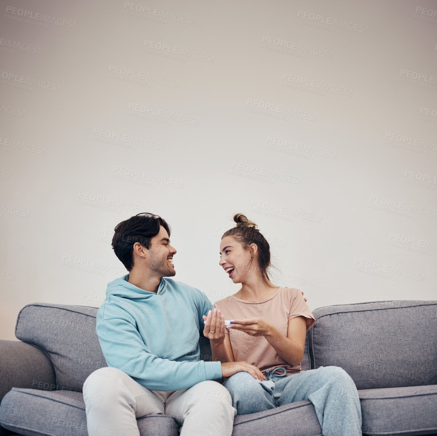 Buy stock photo Pregnancy test, excited and couple on sofa in home, reading good news or check results on mockup space. Kit, happy man and pregnant woman in living room for success, future maternity or ivf fertility