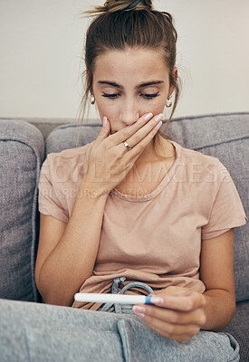 Buy stock photo Pregnancy test, shock and sad woman on sofa in home, reading bad news and check negative exam results. Stick, surprise and pregnant mother depressed in living room for maternity, stress and anxiety