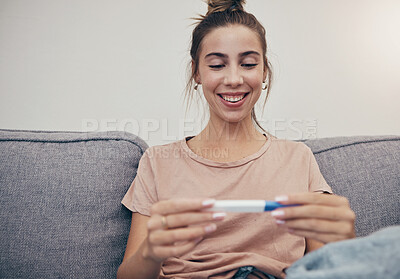 Buy stock photo Pregnancy test, happy and woman on sofa in home, reading good news and check positive results. Stick, smile and pregnant mother in living room excited for success, future maternity and ivf fertility