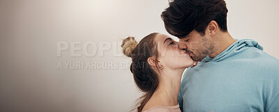 Buy stock photo Happy, couple and kiss with love in banner, white background or studio mockup of partnership, loyalty or marriage. Romantic, people or bonding with partner in affection with support and care together