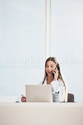 Buy stock photo Female doctor, talk and phone with laptop in office for consultation, meeting or healthcare with patient. Medical professional, woman and technology with smile for email, schedule or document on web