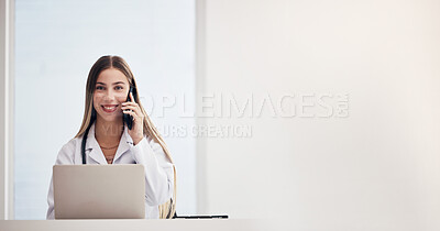 Buy stock photo Portrait, laptop and phone call with a doctor in a hospital for healthcare, consulting or trust. Medical, space and smile with a happy young medicine professional woman talking at a desk in a clinic