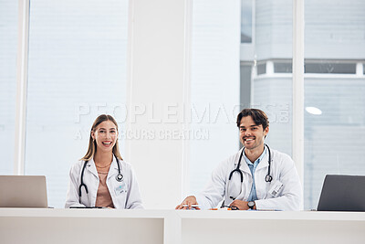 Buy stock photo Portrait, laptop and medical with a team of doctors in the hospital for healthcare collaboration you can trust. Happy, medicine or teamwork with a woman and woman medicine professional in a hospital