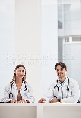 Buy stock photo Portrait, space and healthcare with a team of doctors in a hospital for collaboration in medicine you can trust. Smile, medical or teamwork with a woman and woman medicine professional in the clinic