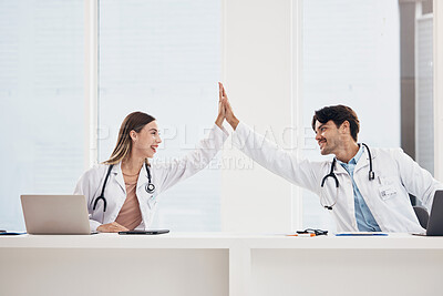 Buy stock photo Success, high five or doctors in meeting for a strategy, goals or working in hospital for healthcare together. Man, happy woman or excited surgeons with nursing target, medical mission or teamwork
