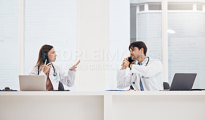 Buy stock photo Doctors, phone call and healthcare at reception desk for communication, networking and medical schedule in hospital. Medicine, man or woman with laptop for collaboration, teamwork or conversation
