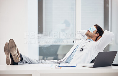 Buy stock photo Man, doctor and sleeping with face mask in relax for done, completion or finished at hospital office. Tired male person, medical surgeon chilling on break, rest or asleep on work desk at clinic