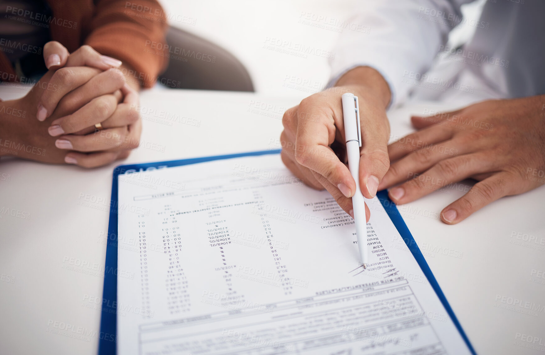 Buy stock photo Doctor, hands and writing on documents with patient for life insurance, policy or legal agreement at hospital. Closeup of medical employee showing paperwork, agreement or checklist on desk at clinic