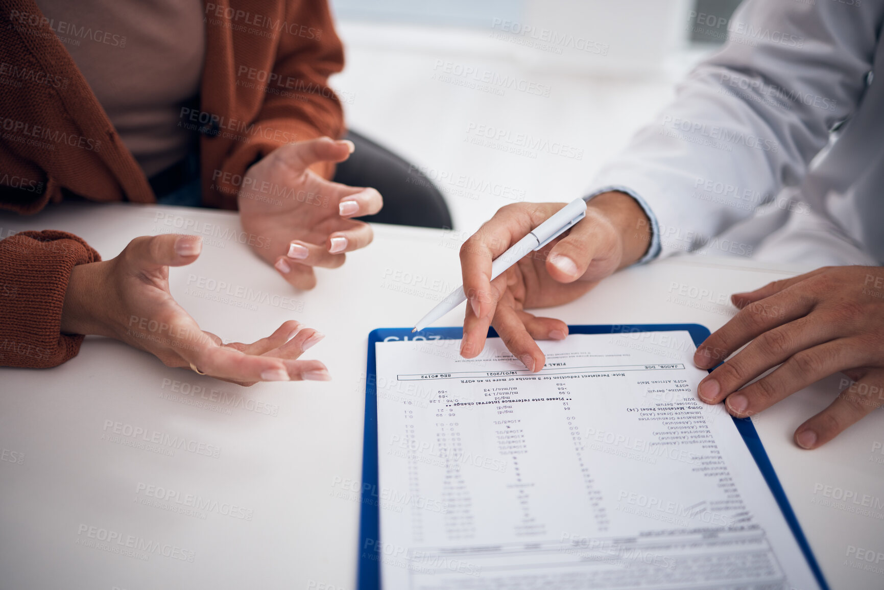 Buy stock photo Doctor, hands and documents with patient in consultation for life insurance, policy or legal agreement at hospital. Closeup of medical employee showing paperwork, form or checklist on desk at clinic