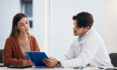 Buy stock photo Doctor, woman and checklist document in consultation, healthcare advice and registration or clinic sign up. Medical worker with young patient in hospital office for charts, information or progress