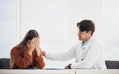 Buy stock photo Support, sad woman or doctor counselling with results, medical test exam or cancer diagnosis. Depression, bad news or patient consulting a therapist for healthcare advice, empathy or help in hospital