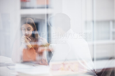 Buy stock photo Sad woman, doctor and healthcare support in office for communication about results. Depression, mental health and a patient with a medical employee, talking and conversation about anxiety with trust
