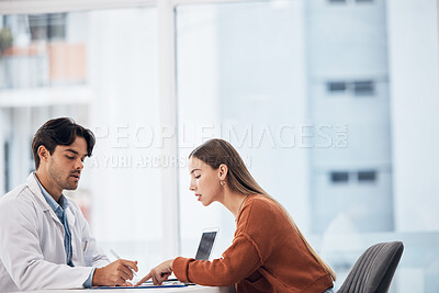 Buy stock photo Writing, doctor or patient in hospital speaking of survey information or healthcare history for help. Paper, report or medical expert with prescription, checklist or notes on clipboard for a woman
