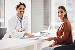 Happy man, doctor and portrait of patient with documents in consultation, healthcare or appointment at hospital. Medical professional or surgeon smile with customer and paperwork for life insurance