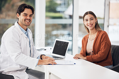Buy stock photo Doctor, man and woman with laptop in portrait, smile and documents for healthcare consulting in hospital office. Medic, patient and happy for results, report and computer with help, wellness or exam