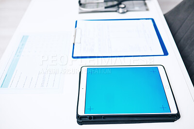 Buy stock photo Tablet, screen space and medical documents in healthcare background, services and results on blue app or mockup. Digital technology, paperwork and empty clinic for registration, data or health charts