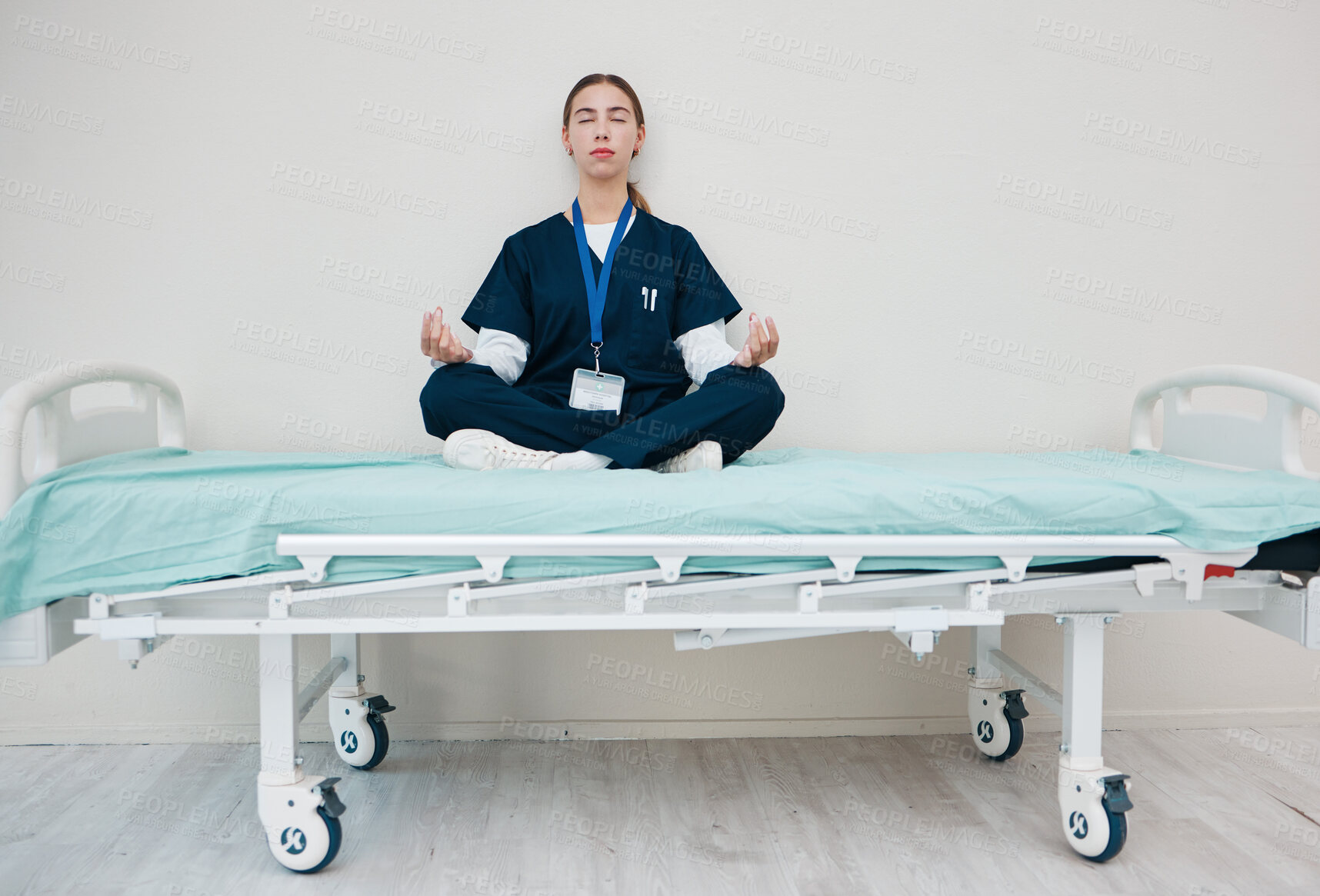 Buy stock photo Doctor, woman and meditate to relax in hospital, healing and break from work, yoga and calm for mental health. Medical professional, peace and wellness for aura, zen and chakra for balance in career