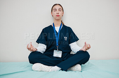 Buy stock photo Woman, nurse and meditate to relax in hospital, healing and break from work, yoga and calm for mental health. Medical professional, peace and wellness for aura, zen and chakra for balance in career