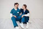Nurses, smile of couple and relax in hospital, talking and communication. Happy medical workers, man and woman on break, conversation and healthcare team support, love connection and mockup space