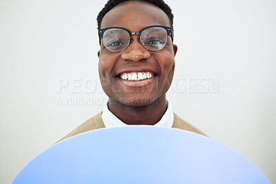 Buy stock photo Happy, portrait and a black man in an office for work, corporate confidence and a board for business. Smile, company and face of an African businessman or employee working at a marketing agency