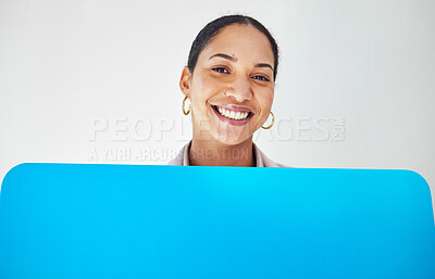 Buy stock photo Poster mockup, woman and portrait with advertising for business, information or presentation on white background. Billboard, blue paper sign and company communication, announcement or news in studio