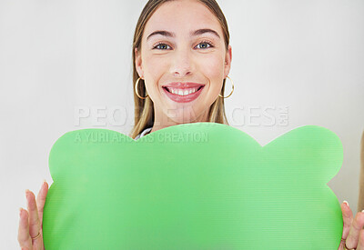 Buy stock photo Portrait, speech bubble and woman with mockup for social media, news or info on wall background. Space, poster or face of female model with job opportunity, we are hiring or contact us platform offer