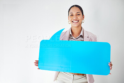 Buy stock photo Portrait, woman and speech bubble with smile and mock up space in studio for opinion or voice on white background. Face, person and paper poster for social media news, vote or review with happiness